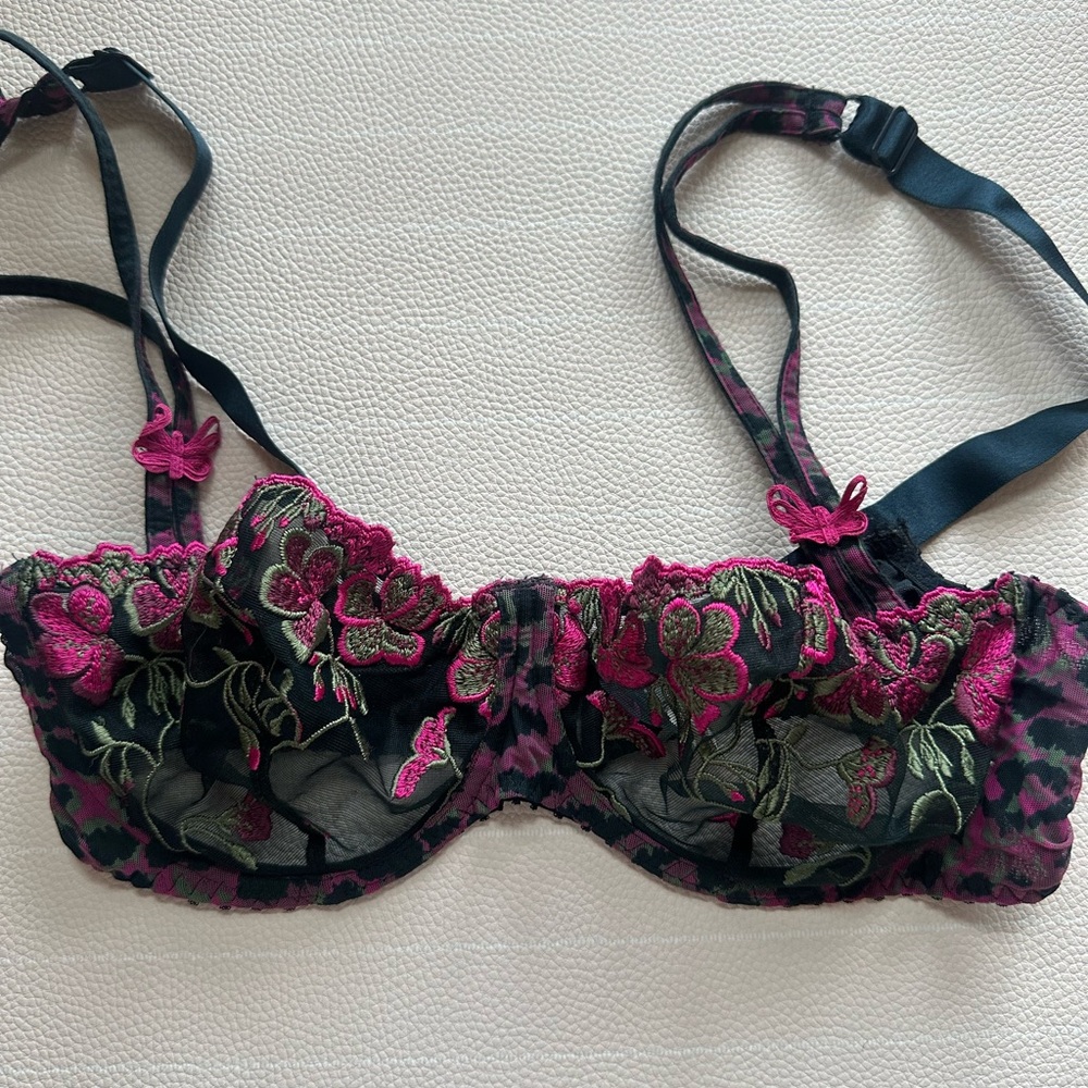 Aubade Black and Pink Floral Butterfly Lace Bra
